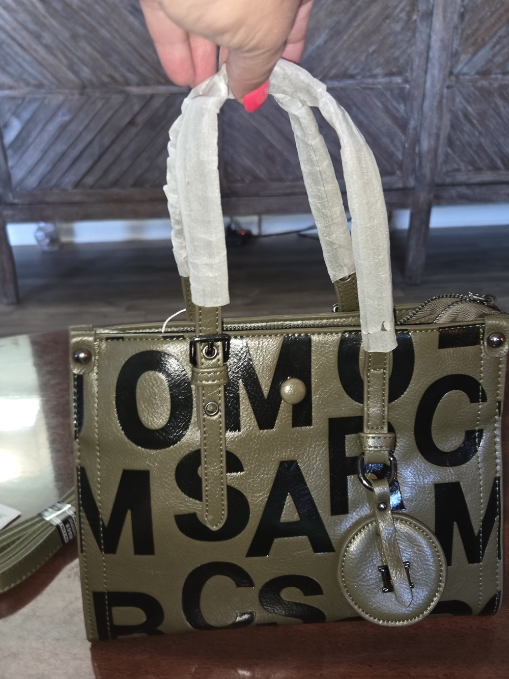 Olive Green Logo Print Satchel with Detachable Strap